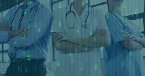 Healthcare Professionals with Digital Data Overlay in Modern Setting