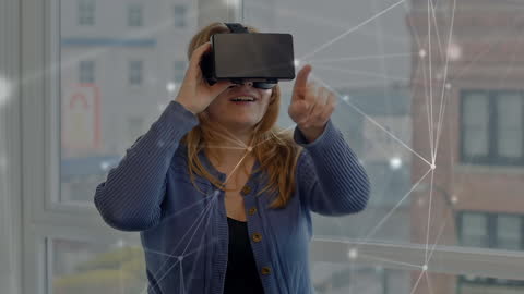 Woman Experiencing Virtual Reality in Futuristic Setting