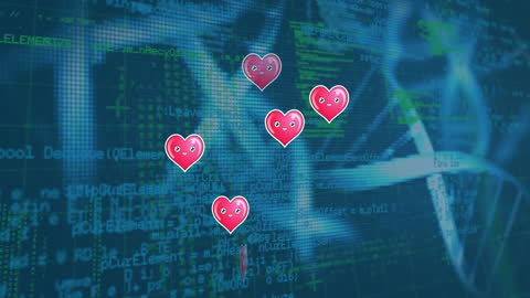Heart Emojis Over Digital World Map with Data Codes