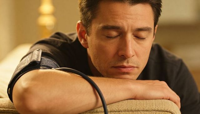 Man resting on sofa wearing blood pressure cuff home health monitoring and relaxation