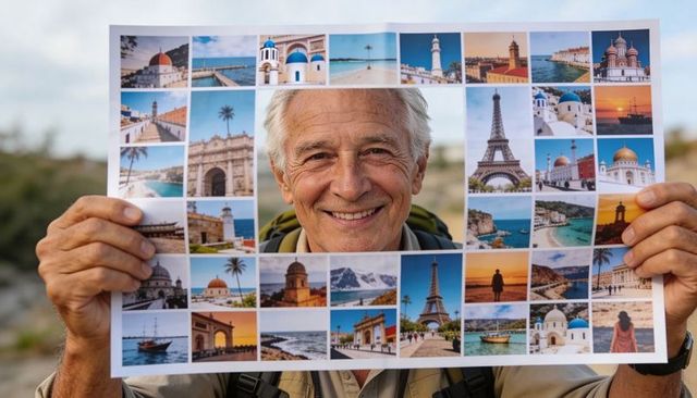 Smiling senior traveler holding landmarks travel collage on coastal hiking trail