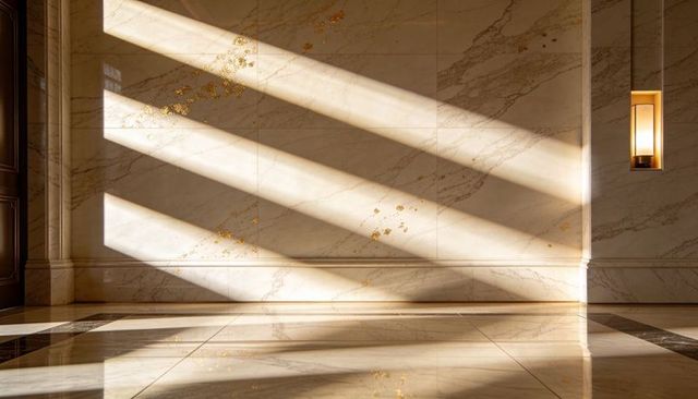 Bathing marble lobby in diagonal sunlight with polished floor and glowing sconce