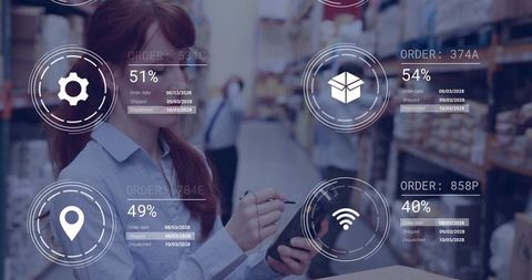 Warehouse Worker Using Tablet with Digital Logistics Tracking Overlay