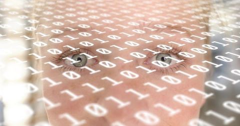 Closeup Woman Eyes with Binary Code Overlay Evoking Digital Identity and AI Surveillance