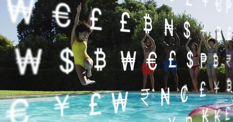Friends jumping into backyard pool with floating currency symbols, summer celebration