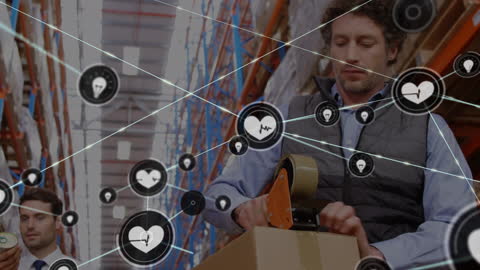 Man Packing Box in Warehouse with Digital Network Overlay