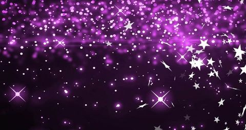 Magenta purple bokeh background with luminescent particles and white star confetti