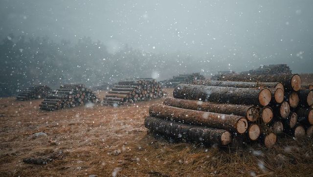 Snowing fog-covered timber yard with stacked logs and rustic winter atmosphere
