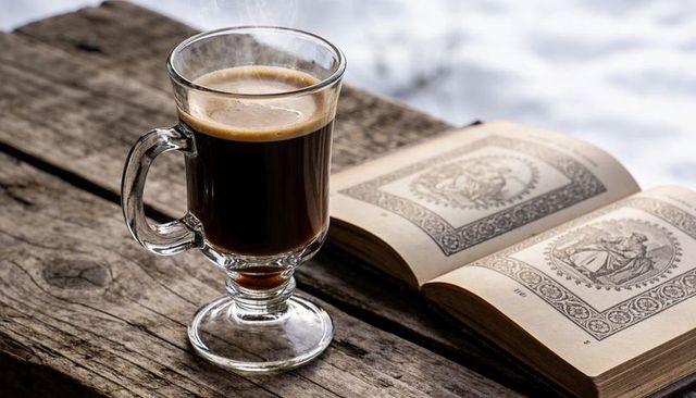 Steaming black coffee in clear footed glass mug on rustic wooden table with open vintage book