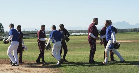 Baseball Players Shaking Hands After Game on Sunny Field