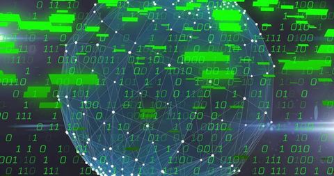 Neon Binary Globe Floating in Cyber Network with Wireframe Mesh and Data Streams