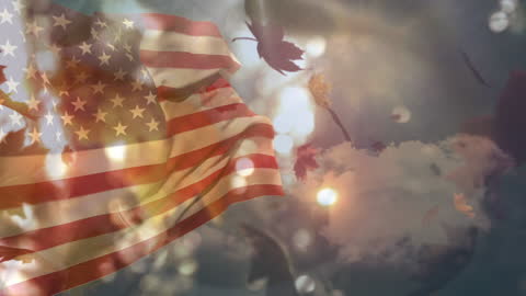 USA Flag Overlaid with Autumn Leaves and Sky