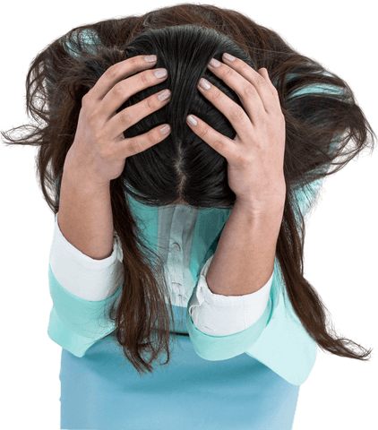 Transparent distressed businesswoman holding head in frustration
