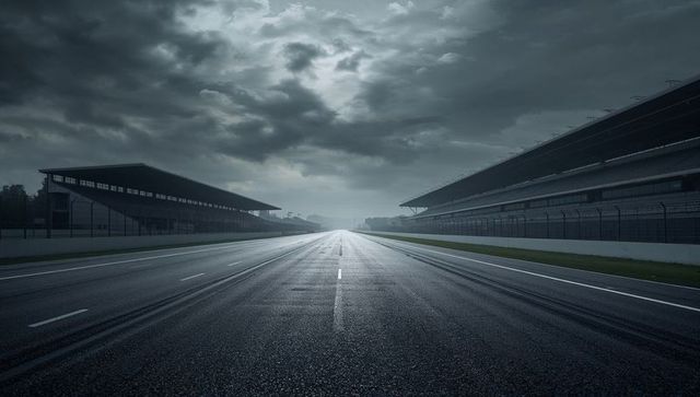 Empty motorsports racing circuit under cloudy skies