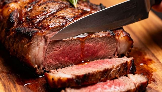 Slicing juicy medium-rare roast beef with carving knife and rosemary on wooden cutting board