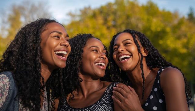 Three african american women laughing together outdoors at golden hour wearing patterned tops