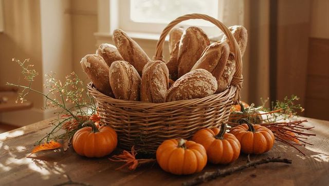 Country-style bread basket with pumpkins on rustic table