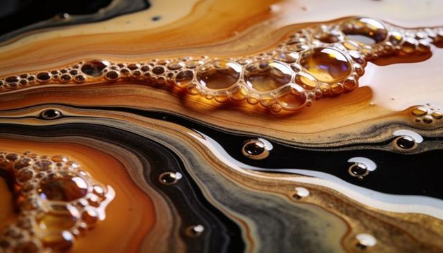 Amber marbled liquid with glossy bubbles and metallic sheen macro texture