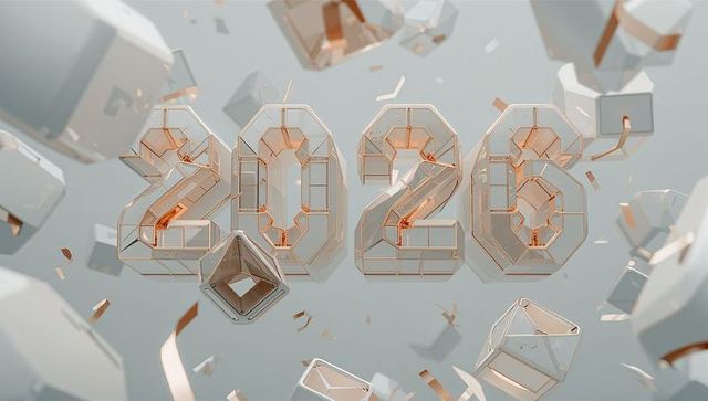 2026 floating rose-gold geometric numerals rotating in glass prism studio void