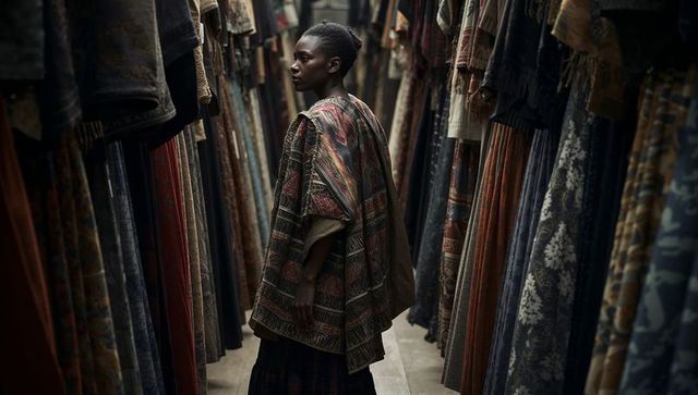 Woman exploring narrow market fabric aisle wearing patterned cloak and long skirt