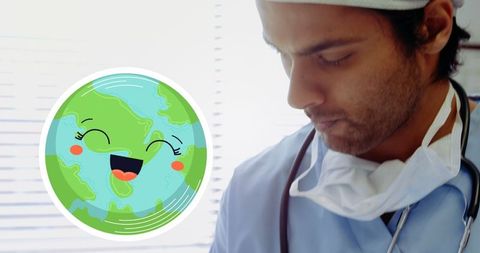 Smiling globe with focused doctor for world health day