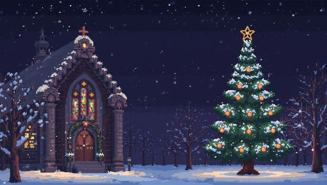 Decorated christmas tree standing beside snowy church, stained glass glowing, falling snow