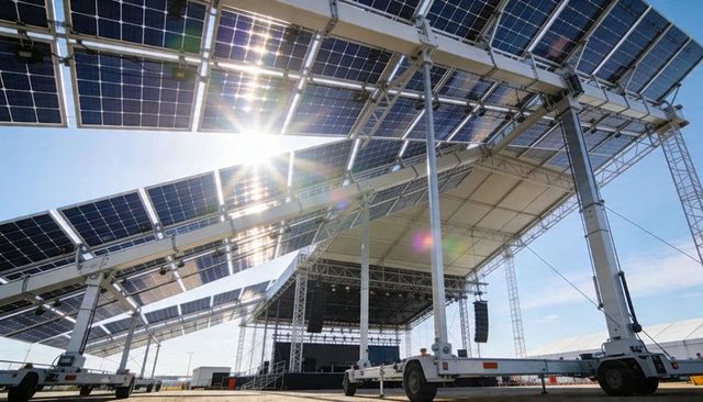 Solar Canopy Sheltering Outdoor Concert Stage Powered by Photovoltaic Array and Truss