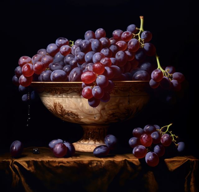 Close up of red grapes in bowl on black background, created using generative ai technology. Grapes, fruit and still life concept digitally generated image.