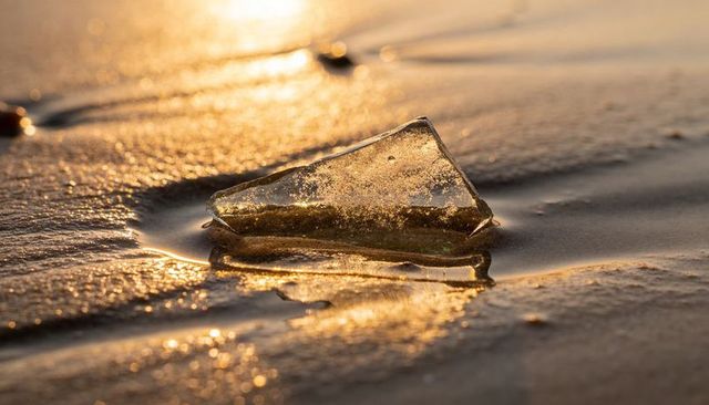 Triangular glass shard resting on wet sand catching golden sunset reflections and sparkles