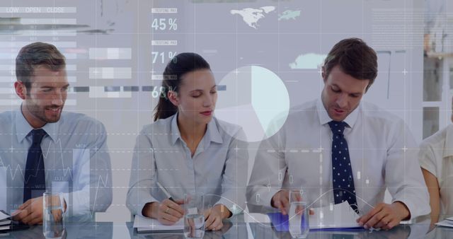 Business Professionals Analyzing Data with Graphical Overlay in a Modern Office - Download Free Stock Images Pikwizard.com