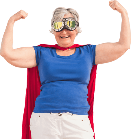 Energetic Senior Woman Dressed as Superhero with Cape and Goggles - Transparent