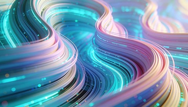 Flowing glossy neon ribbon strands curving with glowing particles and pastel gradient light