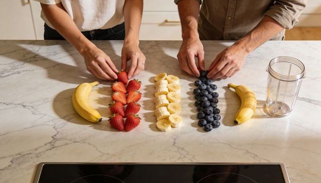 Couple arranging rows of strawberries, banana slices, blueberries and bananas on marble countertop