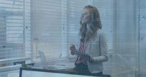Businesswoman in Contemplation with Financial Data Overlay - Download Free Stock Images Pikwizard.com