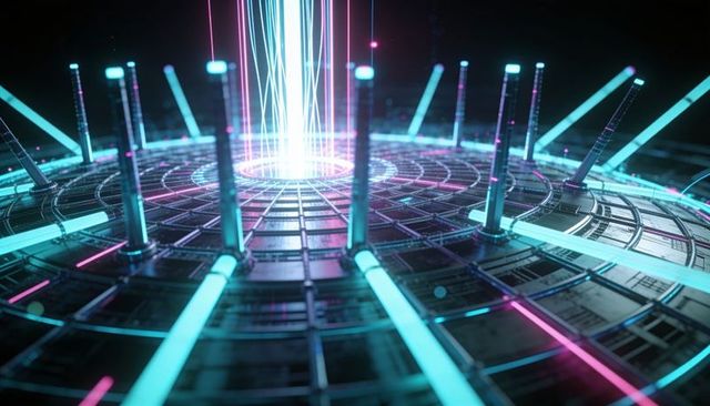 Futuristic neon reactor platform emitting cyan and magenta energy beams over circuitry