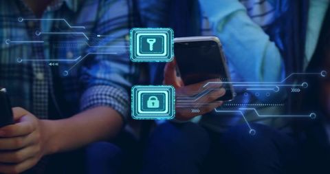 Mobile cybersecurity with holographic lock and key overlays showing users holding phones