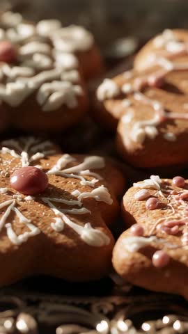 Vertical video panning across star gingerbread cookies with icing on tray, festive close-up