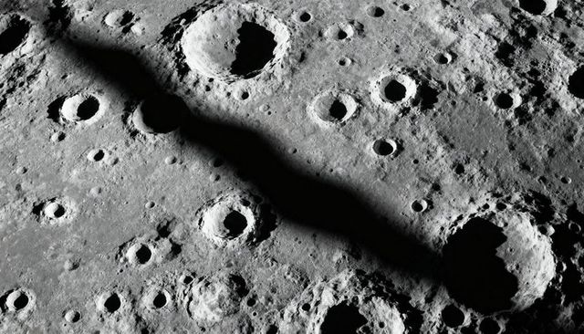 Sinuous shadow crossing heavily cratered lunar surface with sharp rims and basins