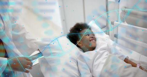 Smiling child patient with doctor and digital dna overlay