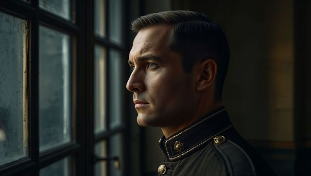 Officer Gazing Through Rain-Speckled Window Reflecting Contemplation and Duty