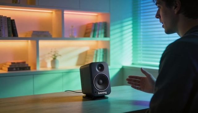 Smart desk speaker listening to voice commands on wood table with led bookshelf