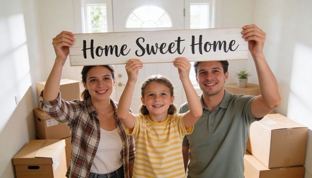 Happy family moving into new home holding home sweet home sign in bright entryway