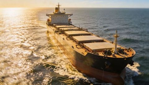 Bulk carrier gliding at sunset over open ocean showing hatch covers, bow wake, anchor