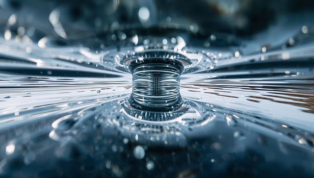 Glass-like water column rising with symmetrical ripples and sparkling bokeh highlights