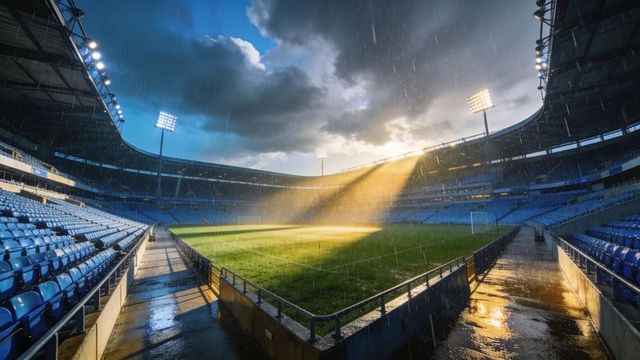 Sunbeam piercing storm over empty soccer stadium with wet seats, puddles and floodlights