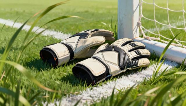 Resting goalkeeper gloves on soccer pitch by goal line and goalpost with grass detail
