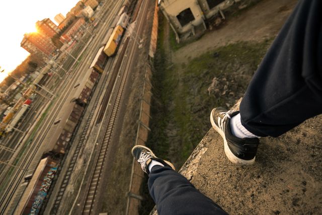 Person sitting on the edge of a building, feet dangling above train tracks at sunset. Captures mix of adventure and risk with urban background of trains and graffiti. Suitable for themes of adventure, risk-taking, urban life, or youth. Could be used in advertisements for shoes, travel, or city exploration.