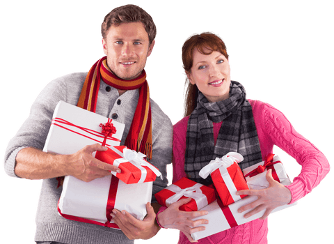 Cheerful Couple Holding Wrapped Christmas Gifts, Transparent