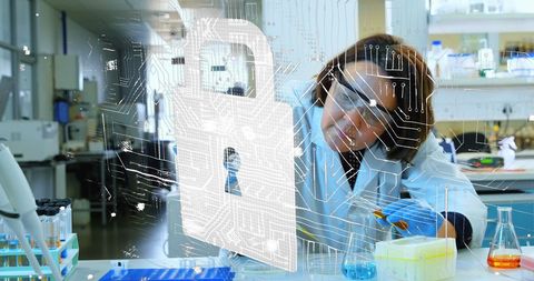 Scientist conducting experiments with digital security visualization