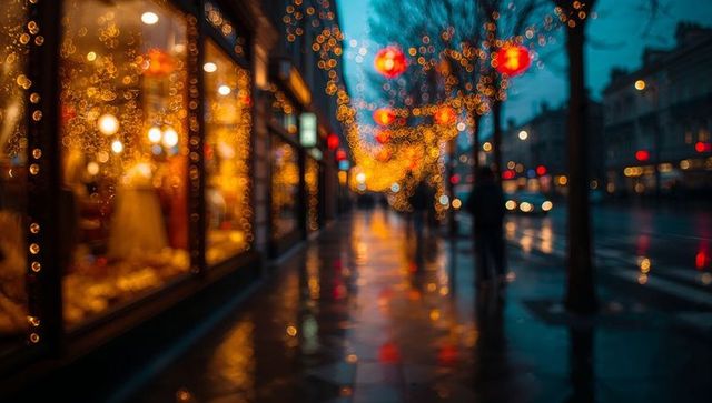 Glowing shop windows and red lanterns lighting wet city street with bokeh reflections
